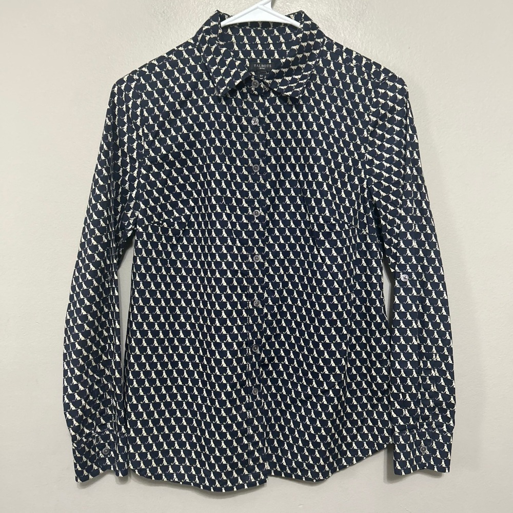 Talbots Women's Button Down Shirt 6P Navy Blue Golden Retriever Allover Print